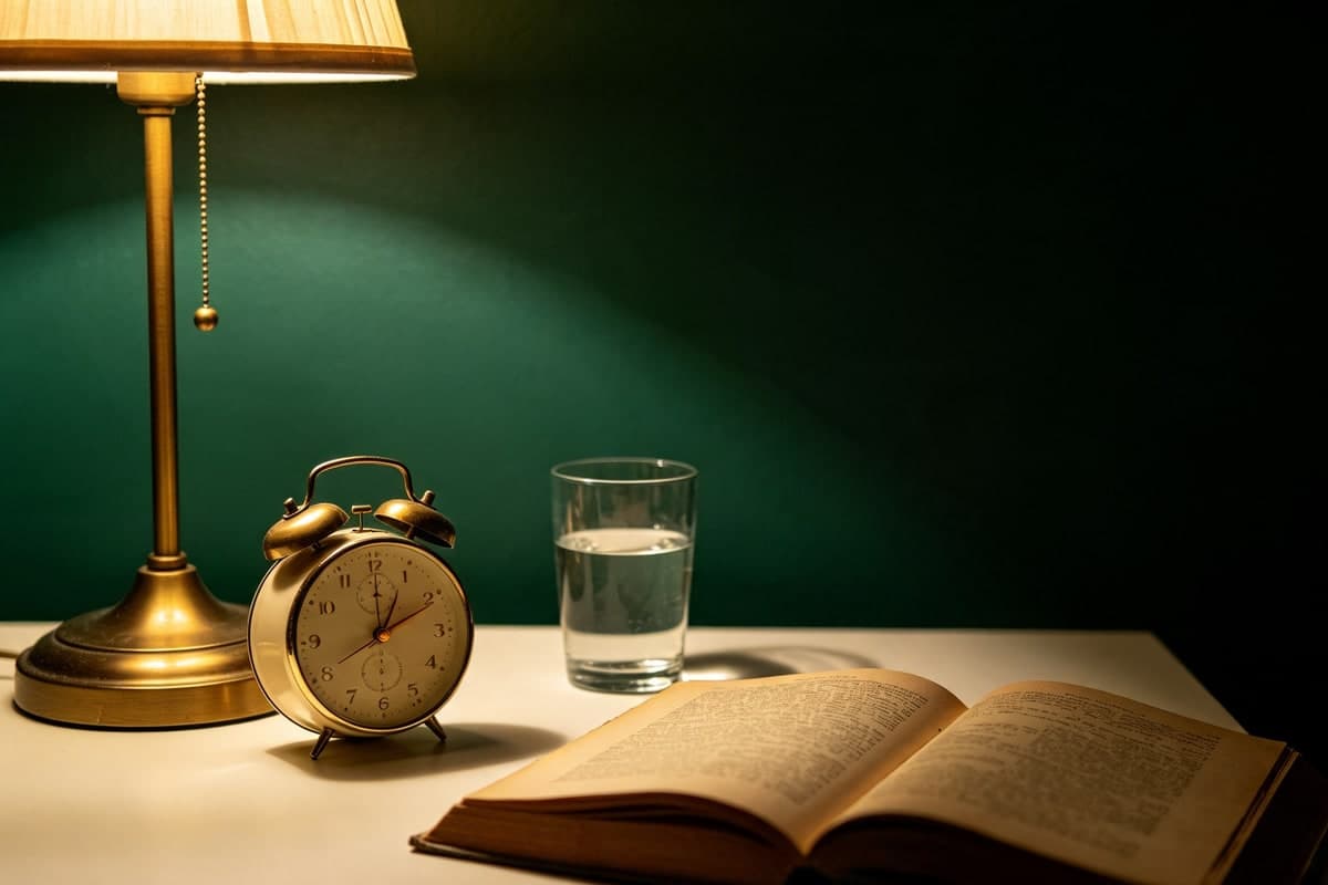 Mesa de cabeceira à noite, com abajur aceso, despertador antigo, copo de água e um livro aberto